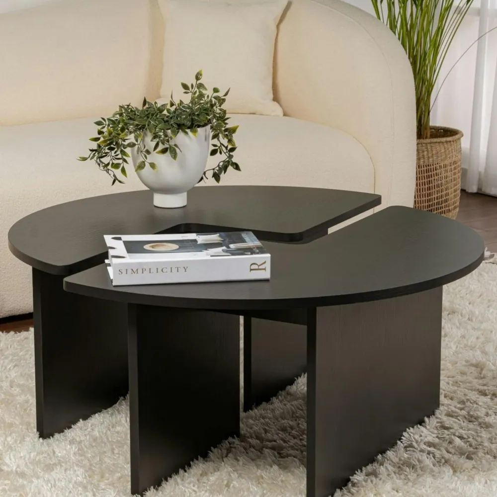Tables Basses Rondes|Tables Basses Gigognes|MARFA Table basse ronde noire effet bois - design puzzle