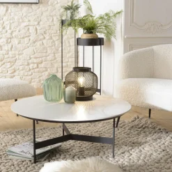 Tables Basses Rondes|CORUMBA Table basse ronde plateau blanc pierre marbrée