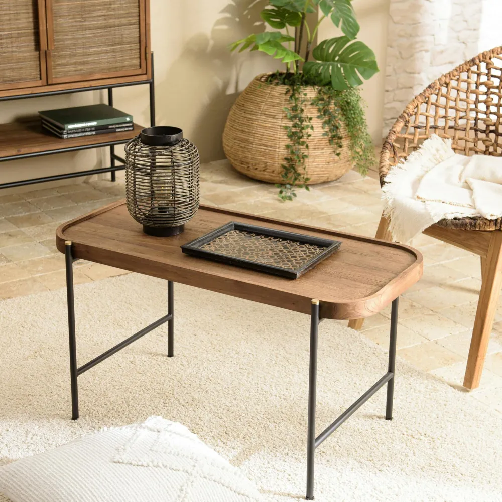 Tables Basses Rondes|Tables Basses Industrielles|Swing Table basse ronde plateau teck recyclé avec rebord 76,5 cm