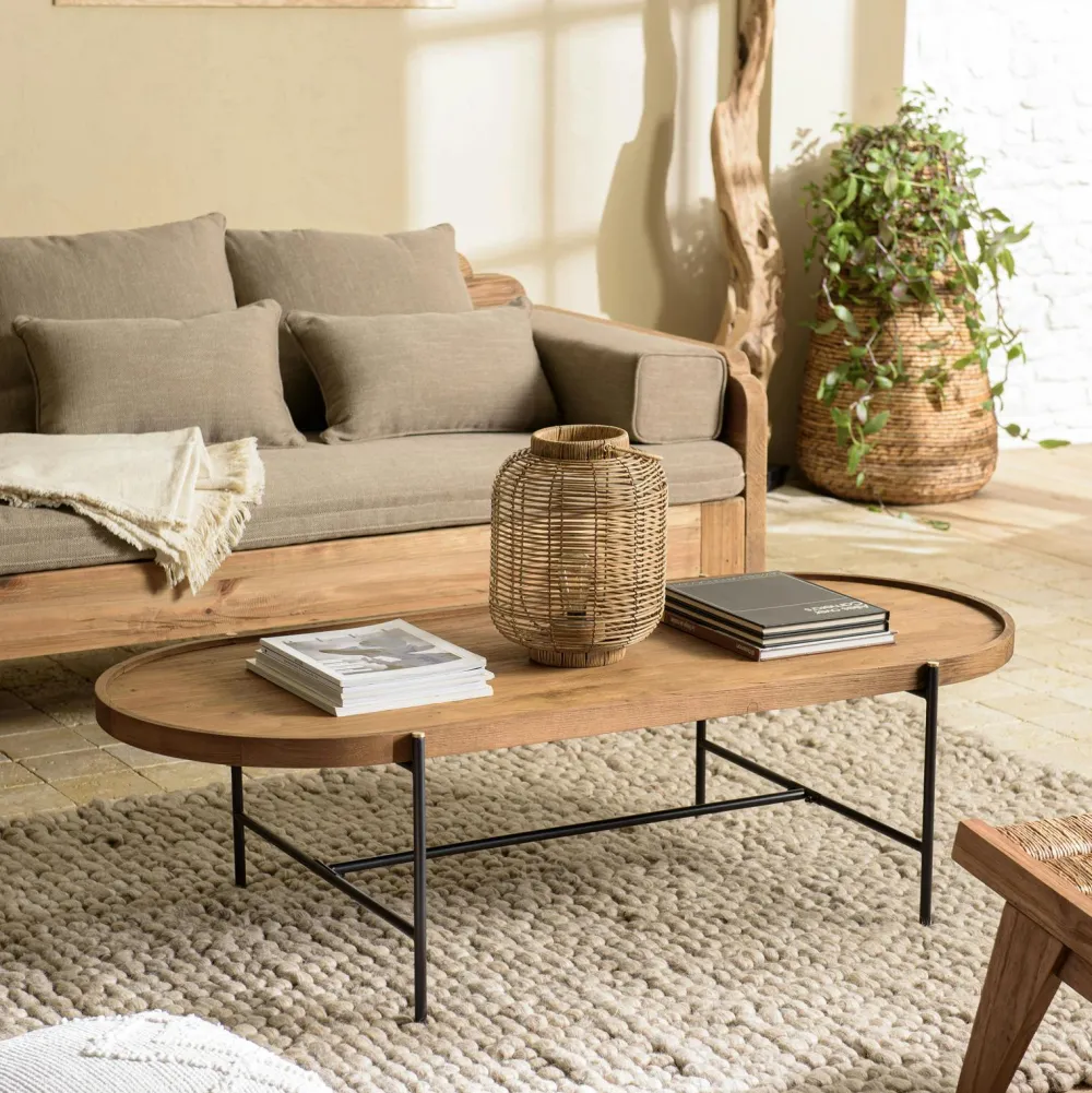 Tables Basses Rondes|Tables Basses Industrielles|Swing Table basse ronde plateau teck recyclé avec rebord 76,5 cm