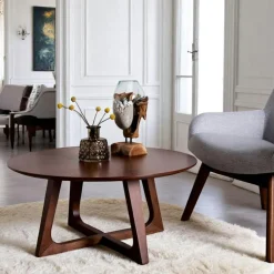 Tables Basses Rondes|LILLEHAMMER Table basse ronde style vintage - pieds croisés, finition noyer