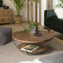 Tables Basses Scandinaves|Tables Basses Rondes|Swing Table basse ronde teck recyclé structure filaire blanche 2 plateaux