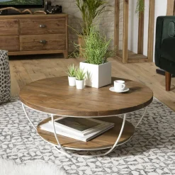 Tables Basses Scandinaves|Tables Basses Rondes|Swing Table basse ronde teck recyclé structure filaire blanche 2 plateaux