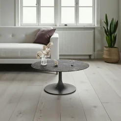 Tables Basses En Verre|Tables Basses Rondes|LIGURIE Table basse ronde verre ondulé noir, pied tulipe