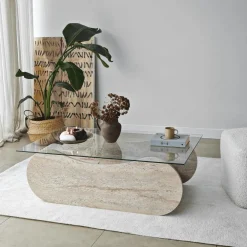 Tables Basses En Verre|SALTA Table basse verre base luge effet travertin avec niche