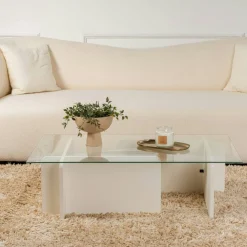 Tables Basses En Verre|SALTA Table basse verre déstructurée – base effet bois blanc