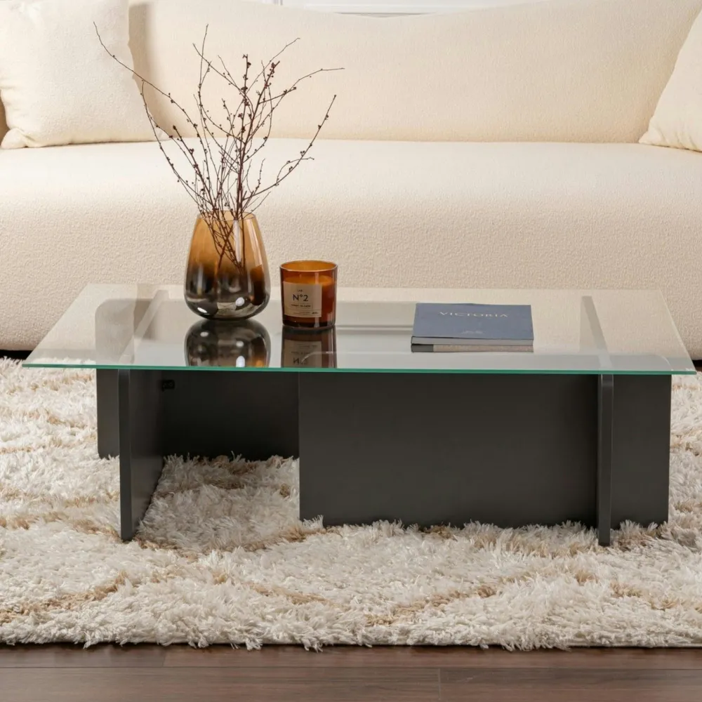 Tables Basses En Verre|SALTA Table basse verre déstructurée – base effet bois blanc