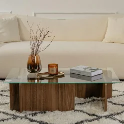 Tables Basses En Verre|SALTA Table basse verre déstructurée – base effet bois noyer