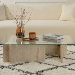 Tables Basses En Verre|SALTA Table basse verre déstructurée – base effet travertin