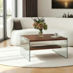 Tables Basses En Verre|Tables Basses Carrées|LHASA Table basse verre et bois - plateaux marrons suspendus