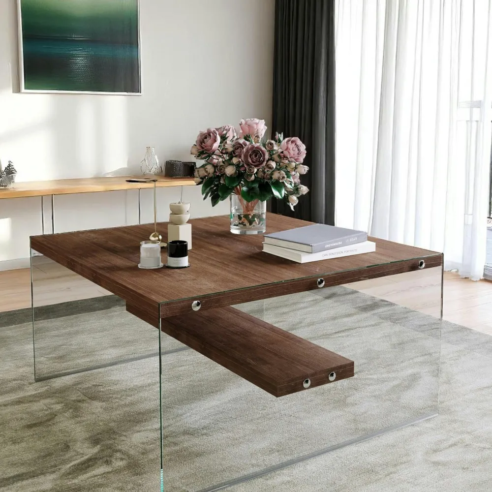 Tables Basses Carrées|Tables Basses En Verre|LHASA Table basse verre et bois - plateaux bruns suspendus