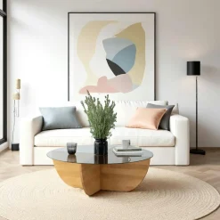 Tables Basses En Verre|Tables Basses Rondes|ANZIO Table basse verre fumé – pied croix bois clair, 90 cm