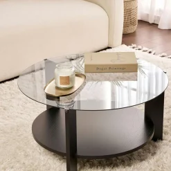 Tables Basses En Verre|Tables Basses Rondes|SALTA Table basse verre fumé double plateau - effet bois noir