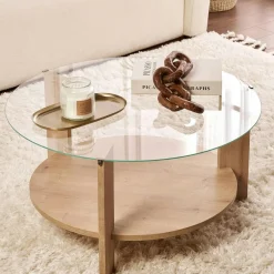 Tables Basses En Verre|Tables Basses Rondes|SALTA Table basse verre fumé double plateau - effet bois noir