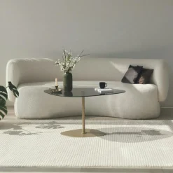 Tables Basses En Verre|TULUM Table basse verre fumé minimaliste, galet et pied doré