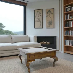 Tables Basses Carrées|Tables Basses À Tiroirs|Maori Table basse vitrée Hévéa 1 tiroir, pieds galbés 80x80x46cm