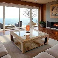 Tables Basses Carrées|Helena Table basse vitrée hévéa 110X110cm