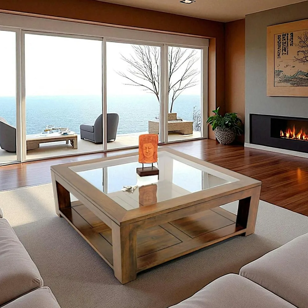 Tables Basses Carrées|Helena Table basse vitrée hévéa 110X110cm