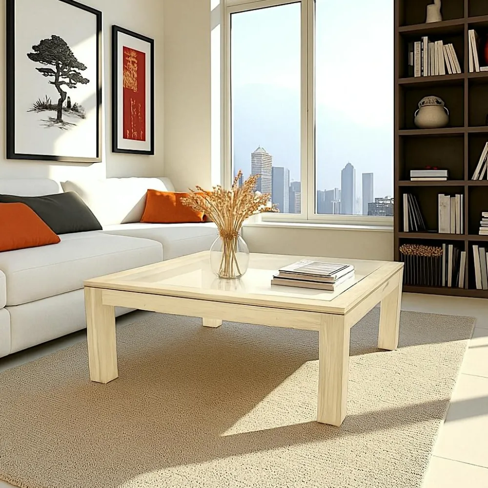 Tables Basses Carrées|Helena Table basse vitrée hévéa 100X100cm