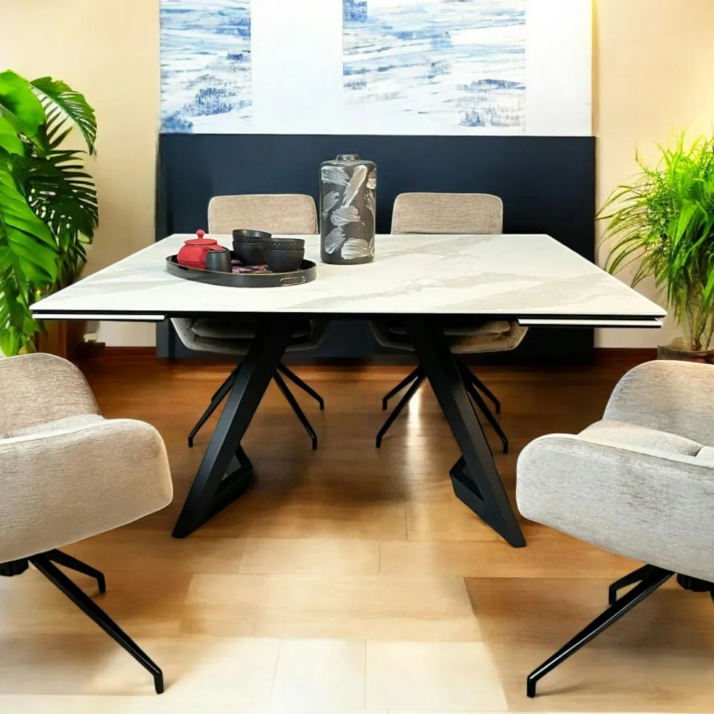 Tables À Manger En Céramique|Tables À Manger Extensibles|LOMBARDIE Table carrée extensible en céramique marbrée blanche 140-200 cm