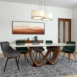 Tables À Manger En Céramique|Tables À Manger En Bois| Table céramique marbrée pied ruban bois brun 220 cm ALDER