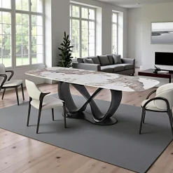 Tables À Manger En Céramique|Tables À Manger En Bois| Table céramique marbrée pied ruban bois noir 220 cm ALDER