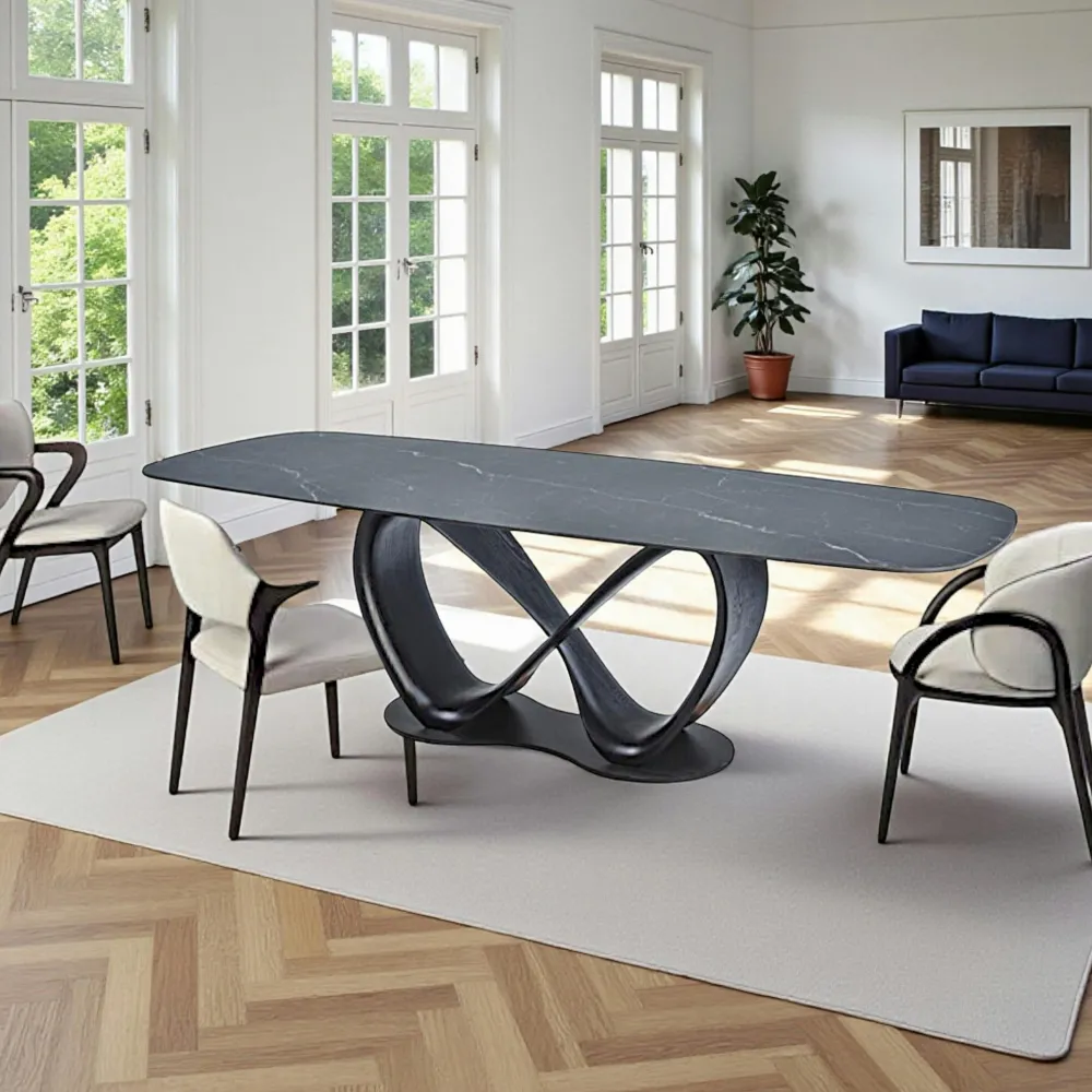 Tables À Manger En Céramique|Tables À Manger En Bois| Table céramique marbrée pied ruban bois noir 220 cm ALDER