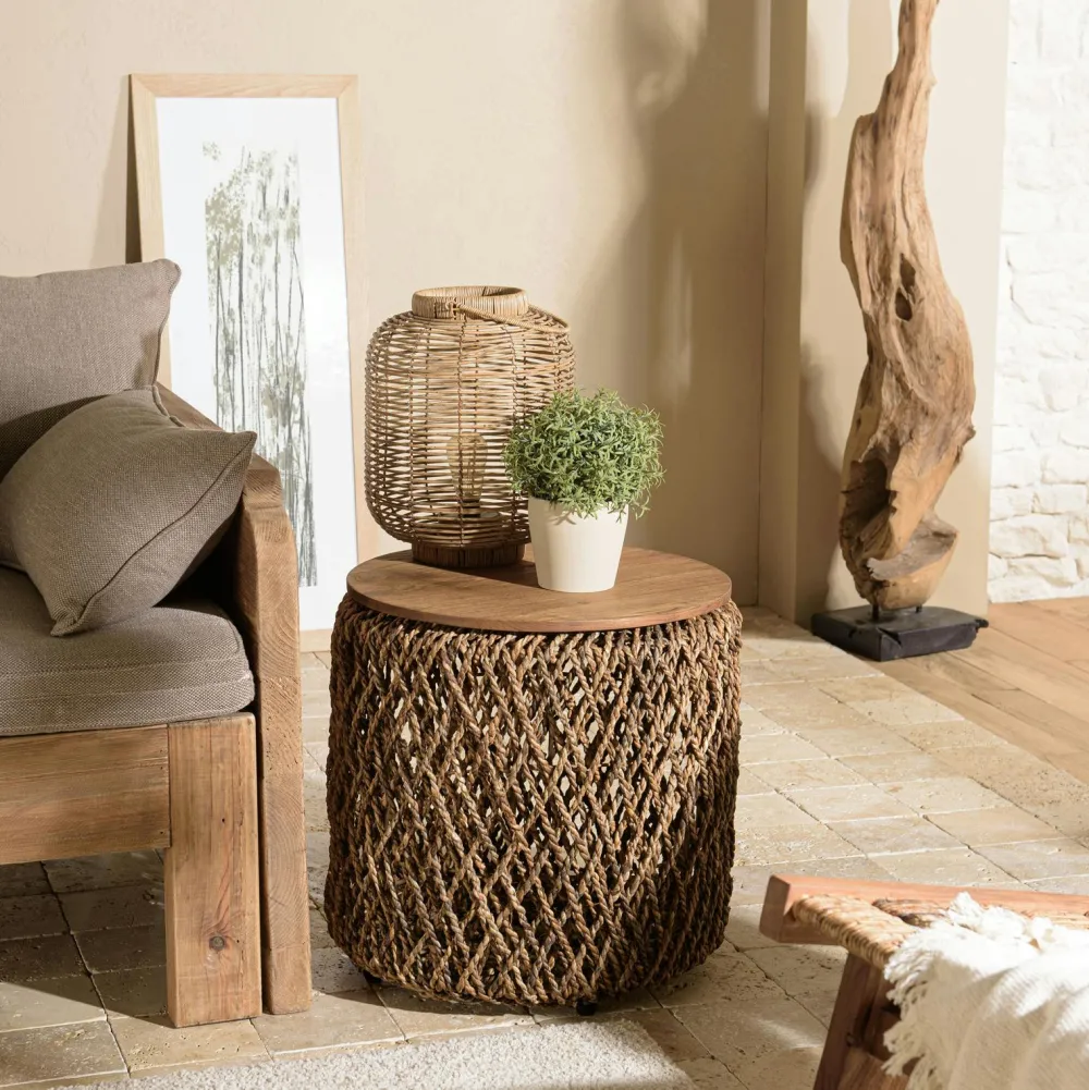 Bouts De Canapé En Bois|Swing Table d'appoint ronde 49 cm fibre de coco et bois recyclé