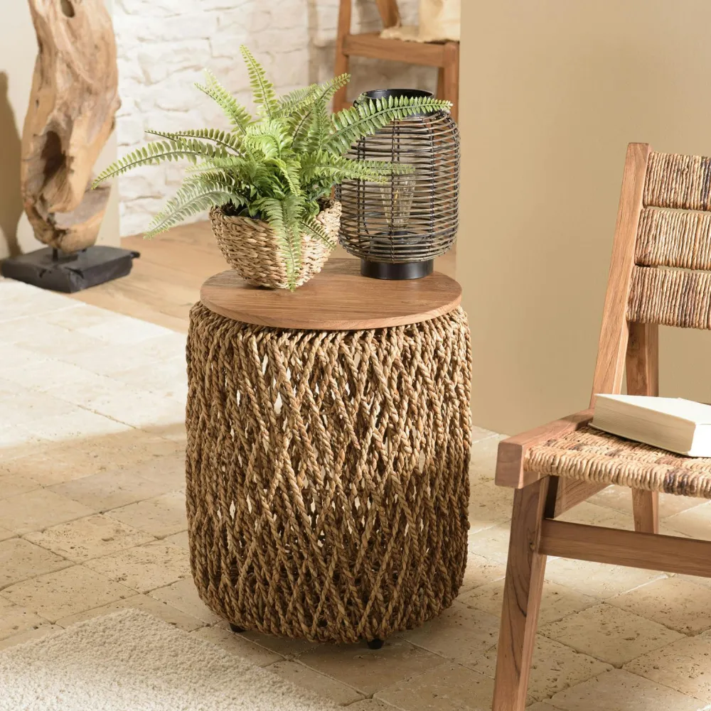 Bouts De Canapé En Bois|Swing Table d'appoint ronde 49 cm fibre de coco et bois recyclé
