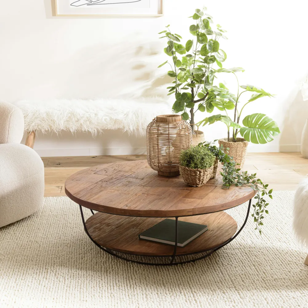 Bouts De Canapé En Bois|Swing Table d'appoint ronde 49 cm fibre de coco et bois recyclé