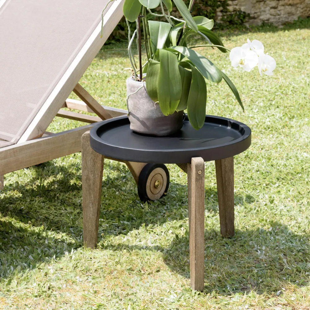 Tables D'Appoint De Jardin|HERCULE Table d'appoint ronde pour jardin béton noir mat et pieds bois