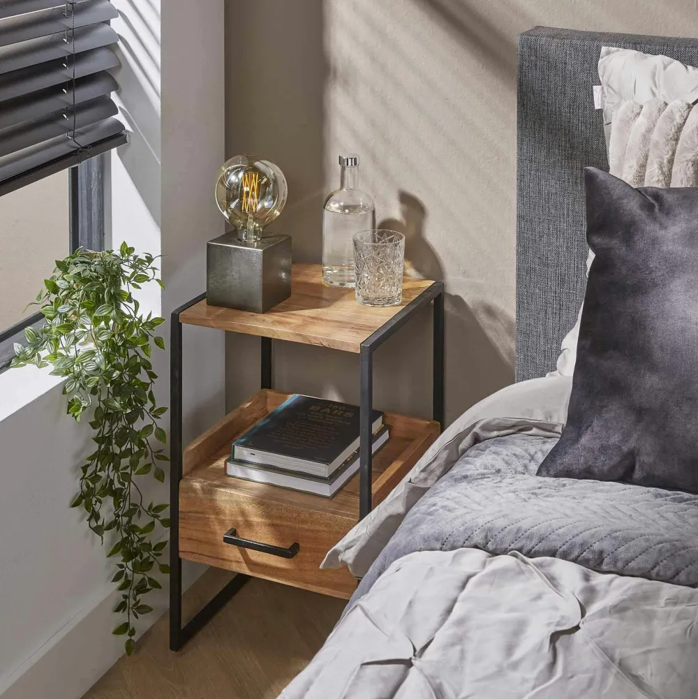 Tables De Chevet Industrielles|Melbourne Table de chevet en bois d'acacia avec niche et tiroir