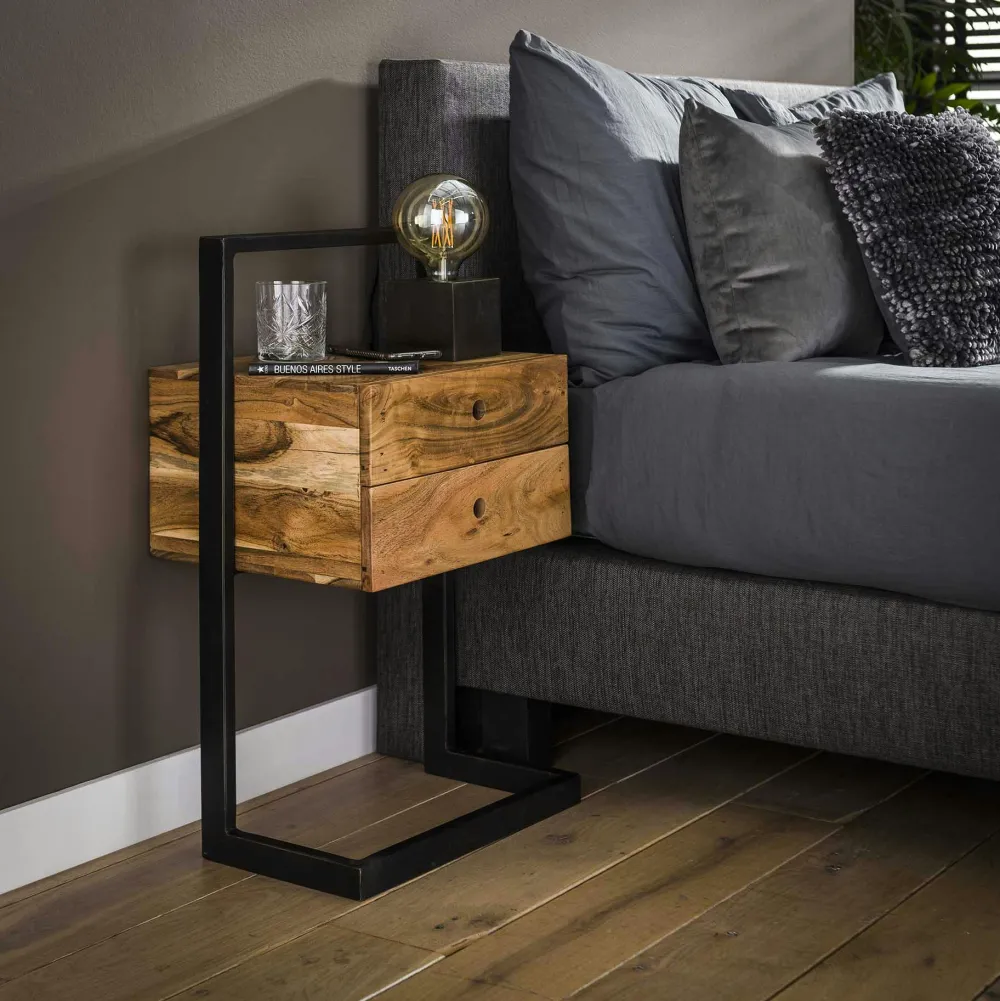 Tables De Chevet Industrielles|Melbourne Table de chevet en bois d'acacia structure colonne