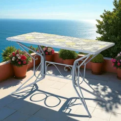 Tables De Jardin|GRENADE Table de jardin bleue décor mosaïque citrons 118 cm