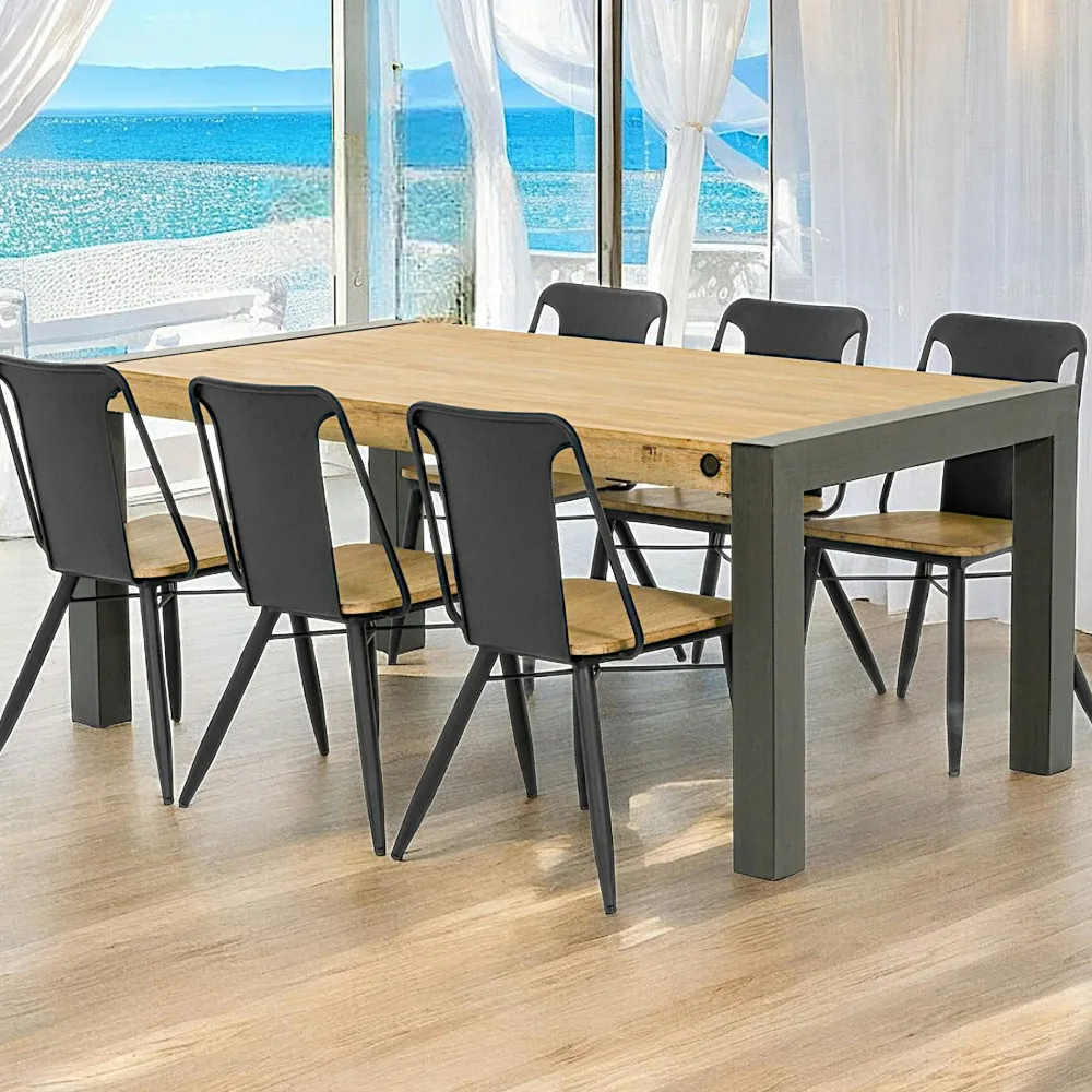 Tables À Manger Industrielles|Tables À Manger Rectangulaires|Brooklyn Table de Repas extensible Inspiration Indus' en Acacia et Métal 180/230x100x76cm