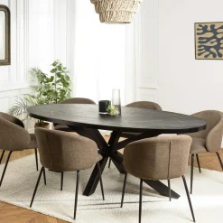 Tables À Manger Industrielles|Tables À Manger En Bois|BIHAR Table de repas ovale bois anthracite lignes dorées 220 cm