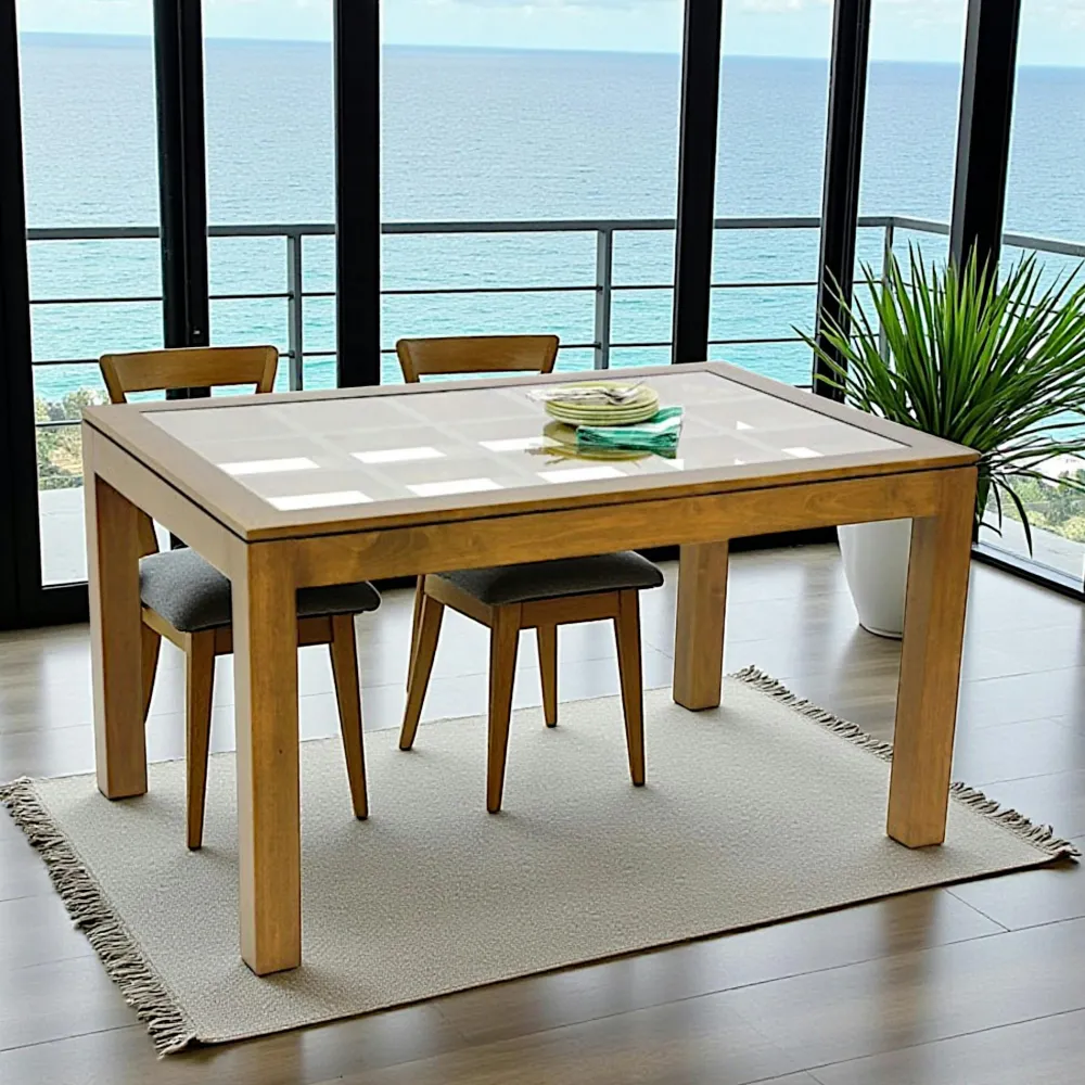 Tables À Manger En Bois|Tables À Manger Rectangulaires|Helena Table de repas rectangle Hévéa avec plateau verre posé sur quadrillage bois 138,5x89,5x76cm