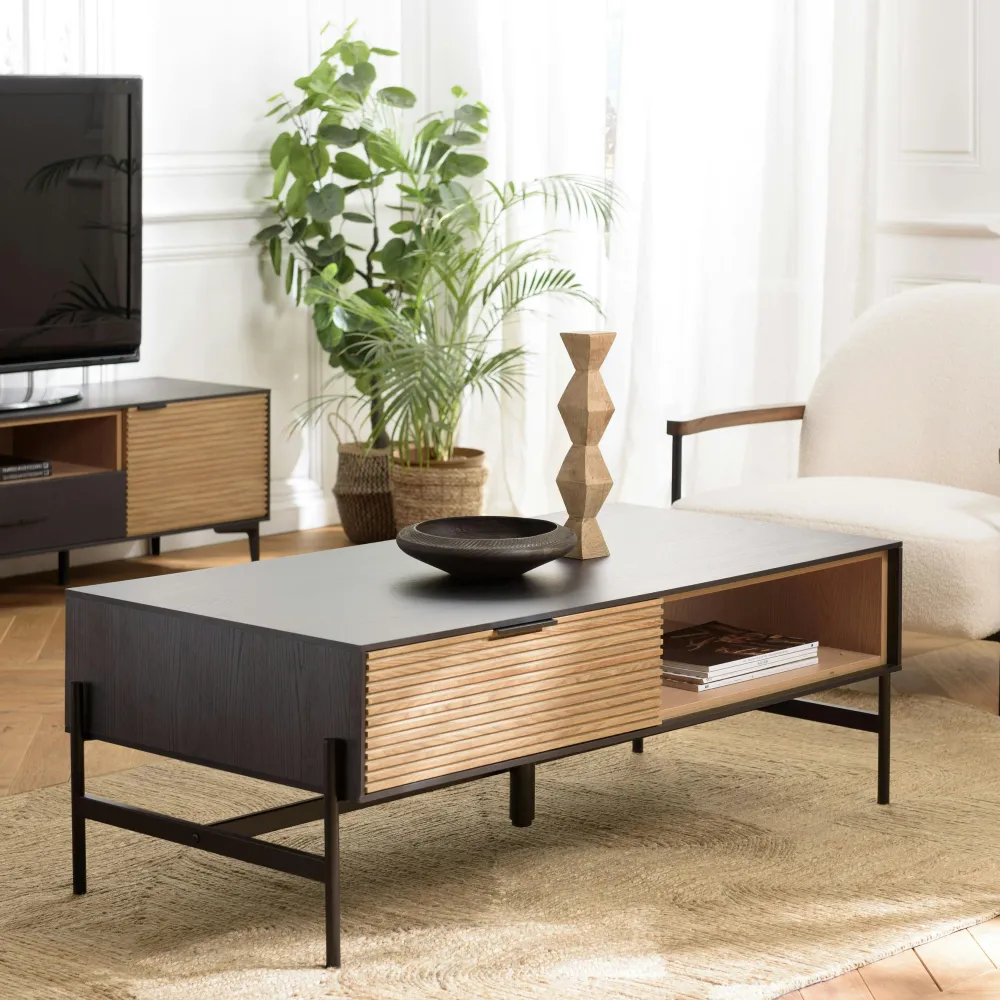 Tables Basses À Tiroirs|Tables Basses Industrielles|ALMEIRA Table de salon 2 tiroirs bois noir et pin