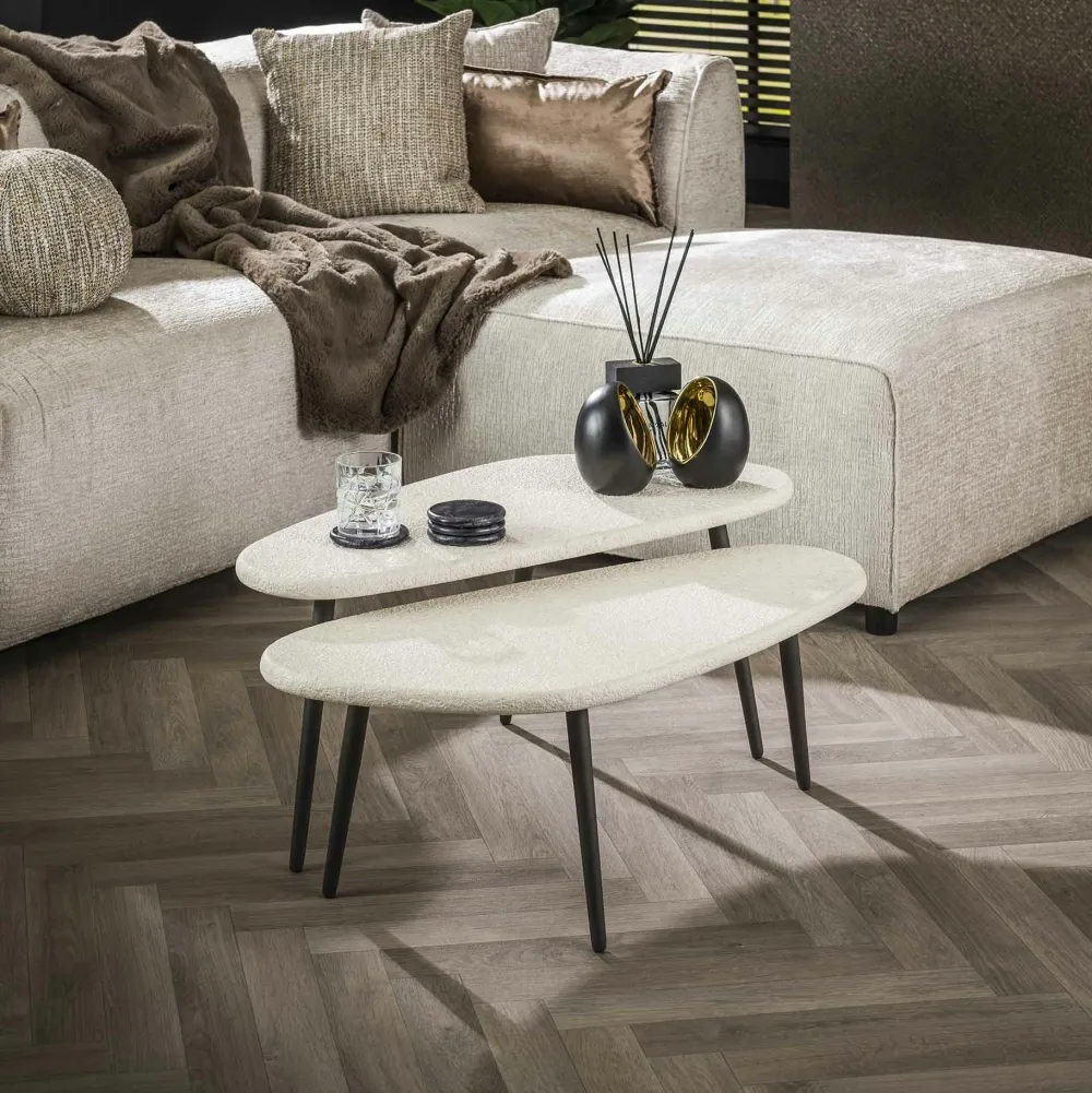 Tables Basses Design|Tables Basses Gigognes|TAJ Table de salon blanche en marbre composite forme ronde (lot de 2)