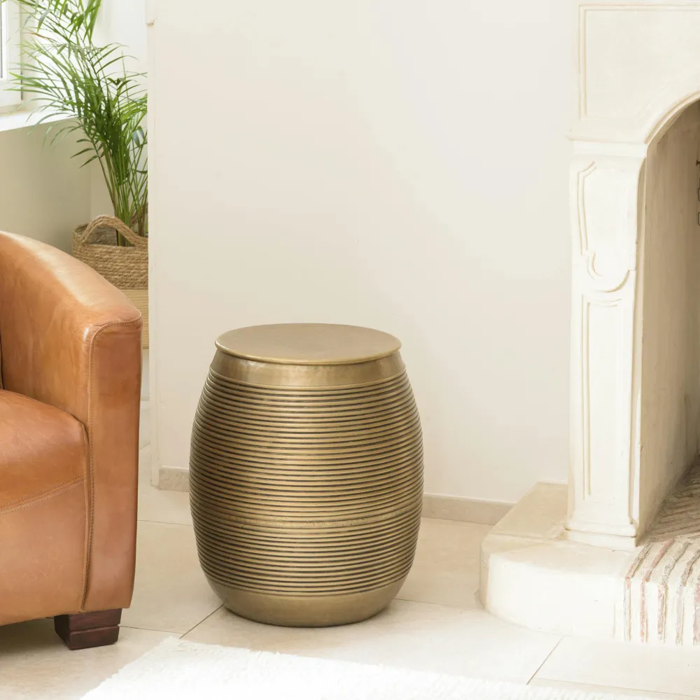 Tables Basses Rondes|NADOR Table de salon ronde alu doré antique motifs orientaux