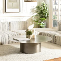 Tables Basses Rondes|ZALA Table de salon ronde métal argenté bord doré D80 cm