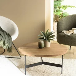 Tables Basses Rondes|Tables Basses Industrielles|CRACOVIE Table de salon ronde pin recyclé et métal 70 cm