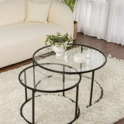 Sellettes En Métal|Tables D'Appoint Rondes|TULUM Table gigogne en verre - cadre noir (lot de 2) ⌀60 cm