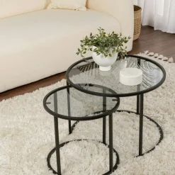 Sellettes En Métal|Tables D'Appoint Rondes|TULUM Table gigogne en verre - cadre noir (lot de 2) ⌀60 cm