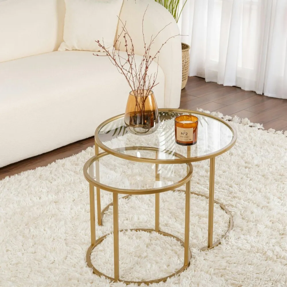 Sellettes En Métal|Tables D'Appoint Rondes|TULUM Table gigogne en verre - cadre noir (lot de 2) ⌀60 cm