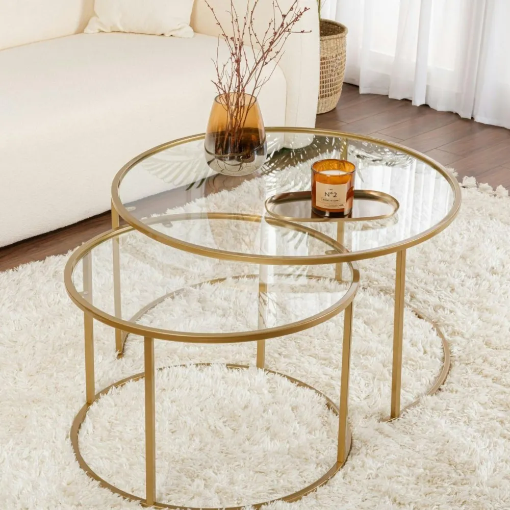 Sellettes En Métal|Tables D'Appoint Rondes|TULUM Table gigogne en verre - cadre noir (lot de 2) ⌀60 cm