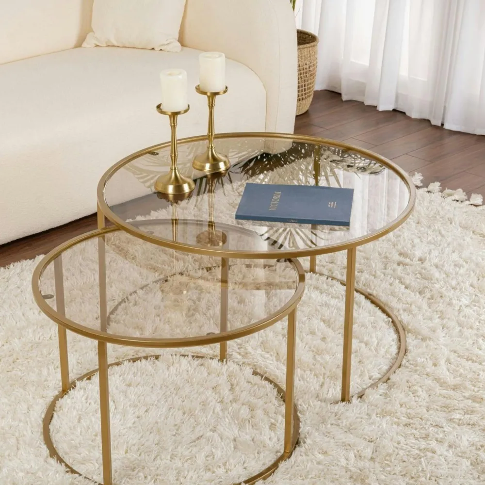 Sellettes En Métal|Tables D'Appoint Rondes|TULUM Table gigogne en verre - cadre noir (lot de 2) ⌀60 cm