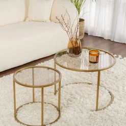 Sellettes En Métal|Tables D'Appoint Rondes|TULUM Table gigogne en verre - cadre noir (lot de 2) ⌀60 cm