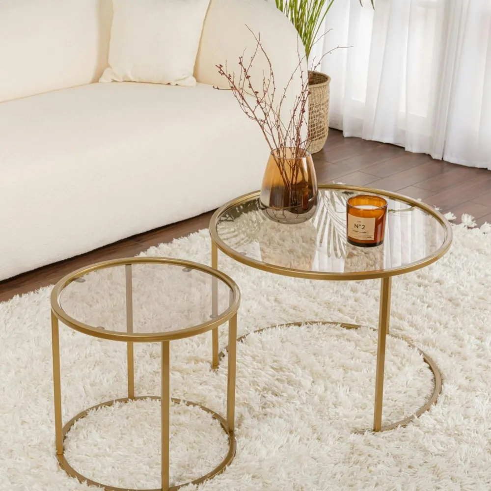 Sellettes En Métal|Tables D'Appoint Rondes|TULUM Table gigogne en verre - cadre noir (lot de 2) ⌀60 cm