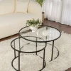Sellettes En Métal|Tables D'Appoint Rondes|TULUM Table gigogne en verre - cadre noir (lot de 2) ⌀80 cm